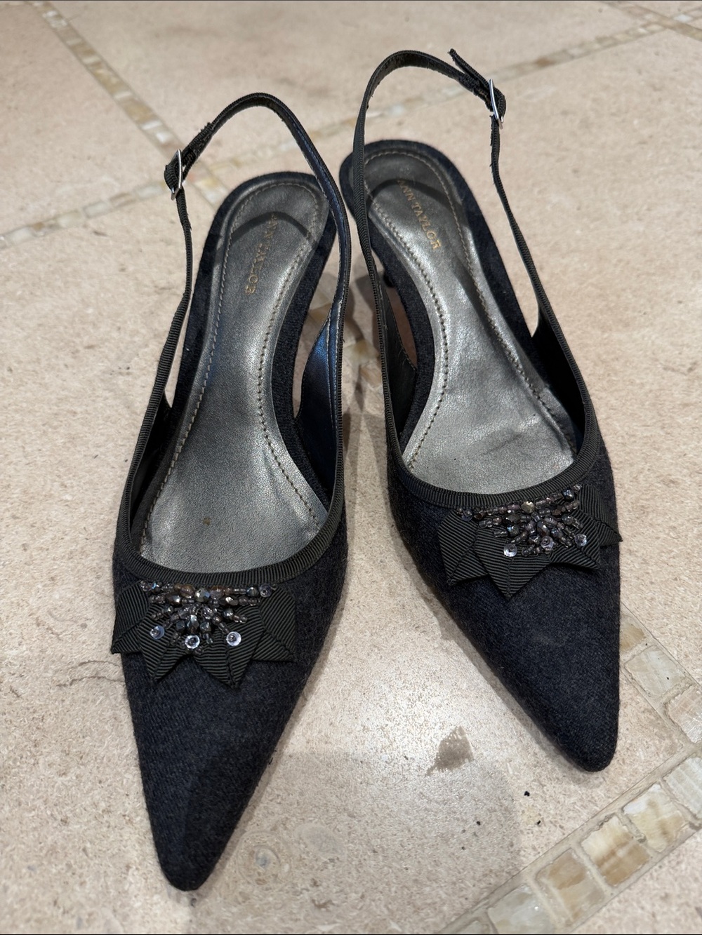 Ann Taylor grey Embellished Pointed Slingback Mules